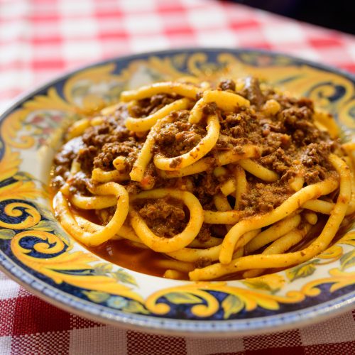 Bigoi col Musso or Bigoli con Ragu d'Asino Pasta with Donkey Sauce from Verona, Italy
